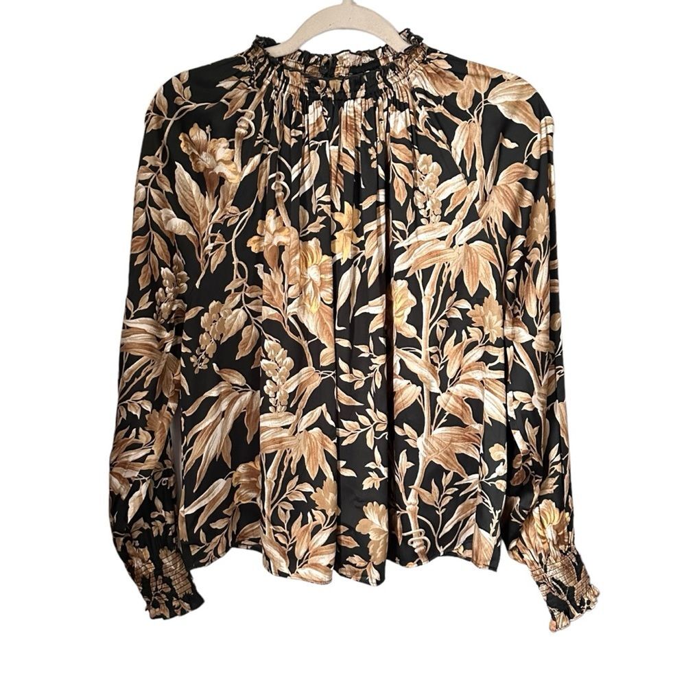 H&M Women's Sz 2 Black Gold Floral Ruffle Collar Wide Cut Blouse Top Career